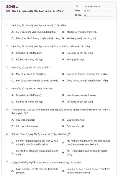 300+ Câu trắc nghiệm Hệ điều hành có đáp án - Phần 1