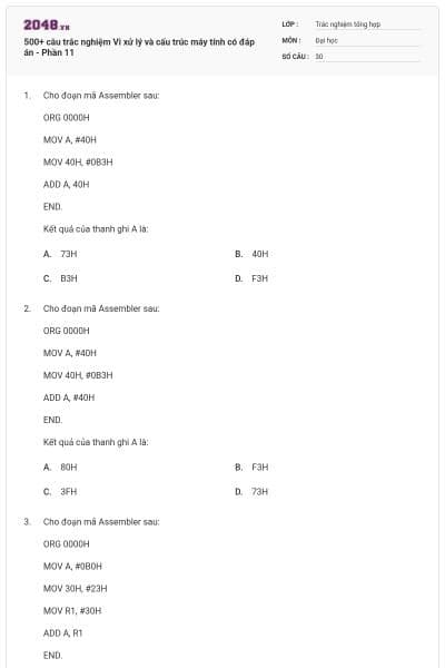 500+ câu trắc nghiệm Vi xử lý và cấu trúc máy tính có đáp án - Phần 11