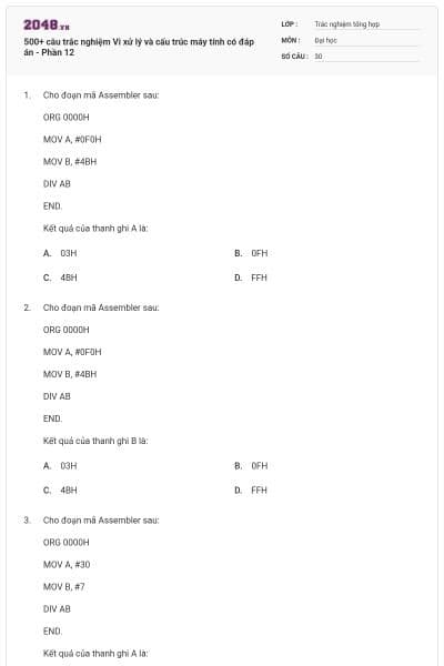 500+ câu trắc nghiệm Vi xử lý và cấu trúc máy tính có đáp án - Phần 12
