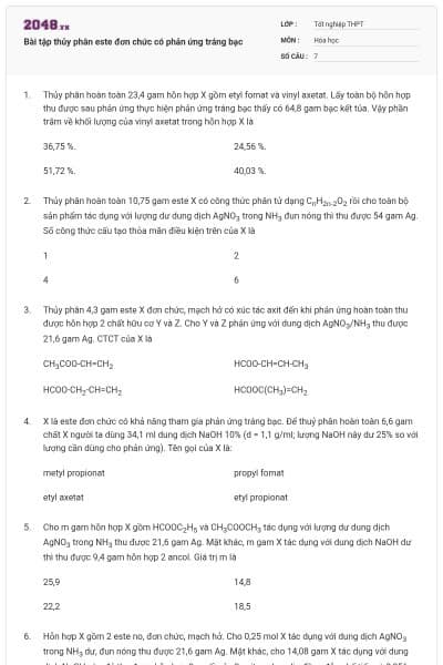 Bài tập thủy phân este đơn chức có phản ứng tráng bạc