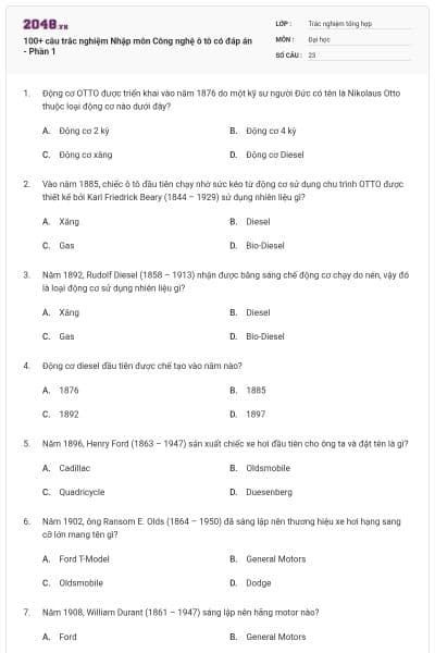 100+ câu trắc nghiệm Nhập môn Công nghệ ô tô có đáp án - Phần 1