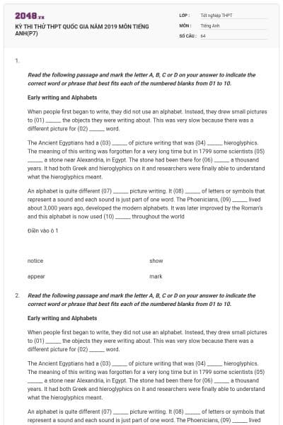 KỲ THI THỬ THPT QUỐC GIA NĂM 2019 MÔN TIẾNG ANH(P7)