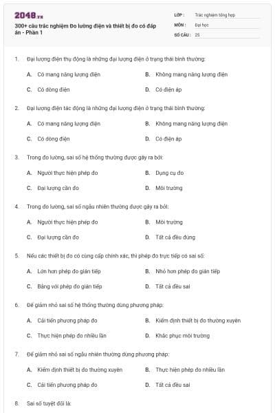 300+ câu trắc nghiệm Đo lường điện và thiết bị đo có đáp án - Phần 1