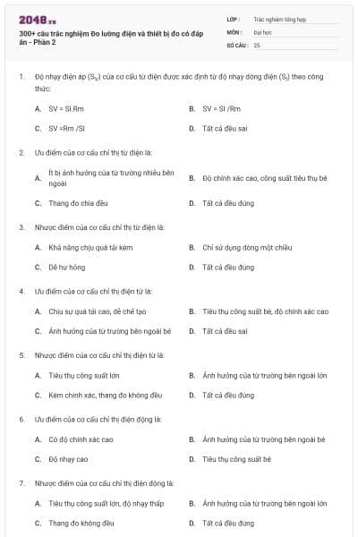300+ câu trắc nghiệm Đo lường điện và thiết bị đo có đáp án - Phần 2