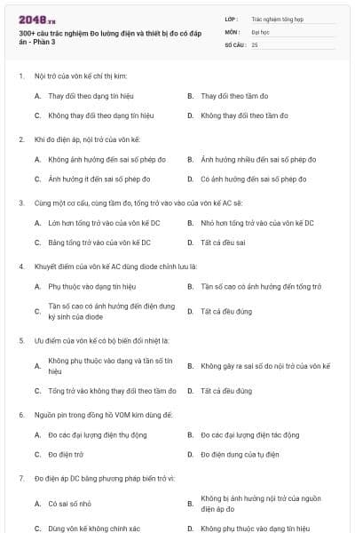 300+ câu trắc nghiệm Đo lường điện và thiết bị đo có đáp án - Phần 3