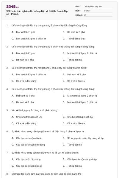 300+ câu trắc nghiệm Đo lường điện và thiết bị đo có đáp án - Phần 5