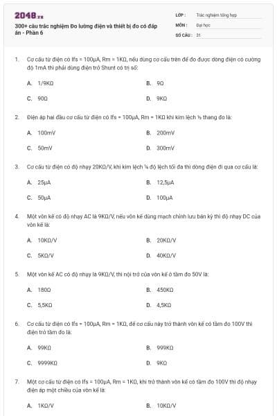 300+ câu trắc nghiệm Đo lường điện và thiết bị đo có đáp án - Phần 6