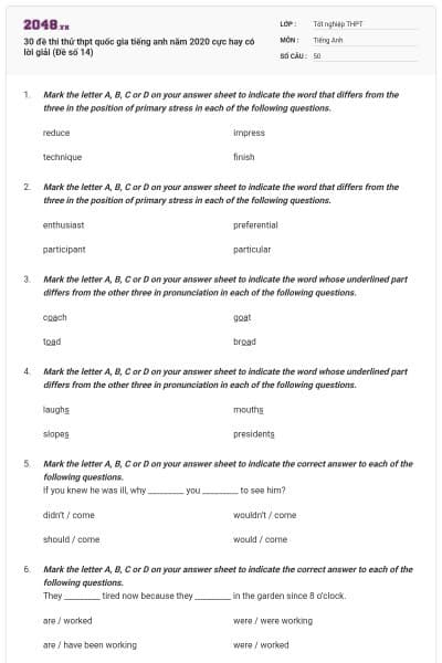 30 đề thi thử thpt quốc gia tiếng anh năm 2020 cực hay có lời giải (Đề số 14)