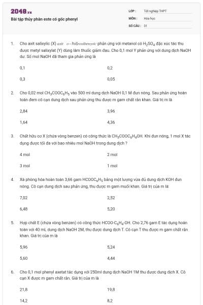 Bài tập thủy phân este có gốc phenyl