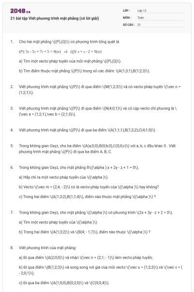 21 bài tập Viết phương trình mặt phẳng (có lời giải)