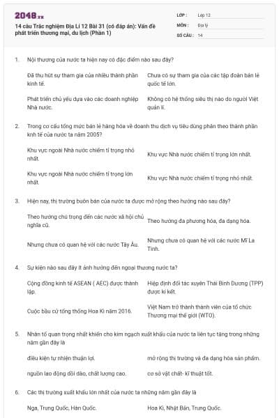 14 câu Trắc nghiệm Địa Lí 12 Bài 31 (có đáp án): Vấn đề phát triển thương mại, du lịch (Phần 1)