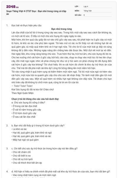 Soạn Tiếng Việt 4 CTST Đọc : Bạn nhỏ trong rừng có đáp án