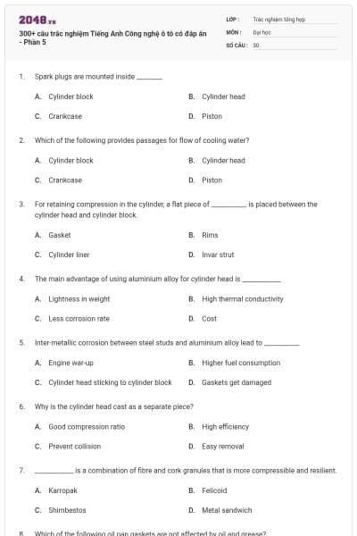 300+ câu trắc nghiệm Tiếng Anh Công nghệ ô tô có đáp án - Phần 5