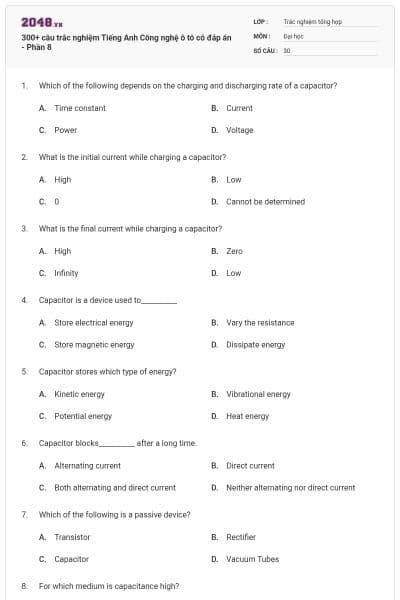 300+ câu trắc nghiệm Tiếng Anh Công nghệ ô tô có đáp án - Phần 8