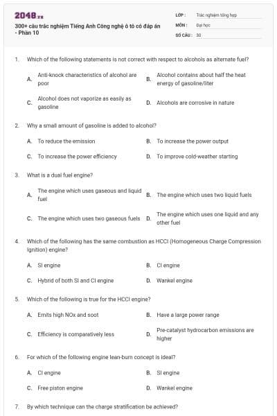 300+ câu trắc nghiệm Tiếng Anh Công nghệ ô tô có đáp án - Phần 10