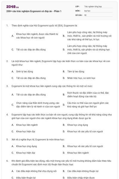 200+ câu trắc nghiệm Ecgonomi có đáp án - Phần 1