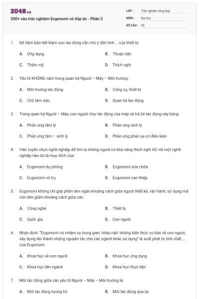 200+ câu trắc nghiệm Ecgonomi có đáp án - Phần 2