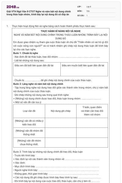 Giải VTH Ngữ Văn 8 CTST Nghe và nắm bắt nội dung chính trong thảo luận nhóm, trình bày lại nội dung đó có đáp án