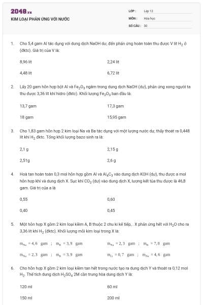 KIM LOẠI PHẢN ỨNG VỚI NƯỚC