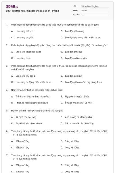 200+ câu trắc nghiệm Ecgonomi có đáp án - Phần 5