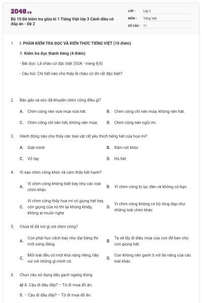 Bộ 10 Đề kiểm tra giữa kì 1 Tiếng Việt lớp 3 Cánh diều có đáp án - Đề 2