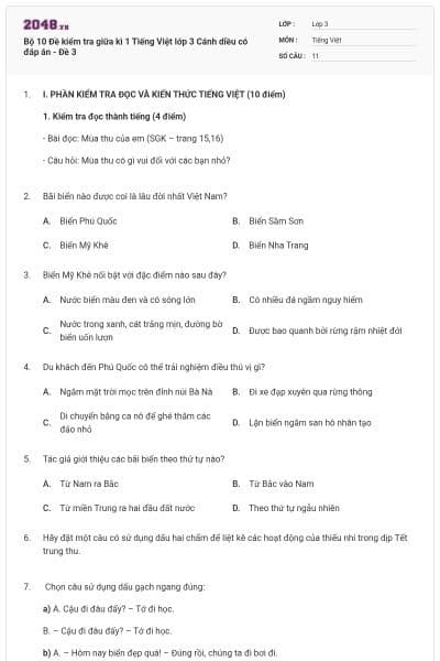 Bộ 10 Đề kiểm tra giữa kì 1 Tiếng Việt lớp 3 Cánh diều có đáp án - Đề 3