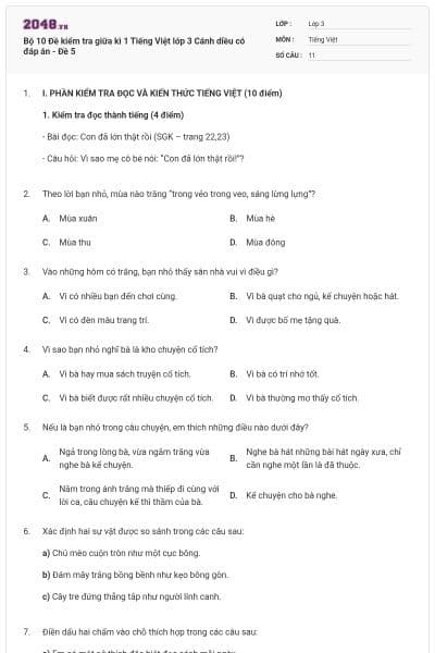 Bộ 10 Đề kiểm tra giữa kì 1 Tiếng Việt lớp 3 Cánh diều có đáp án - Đề 5