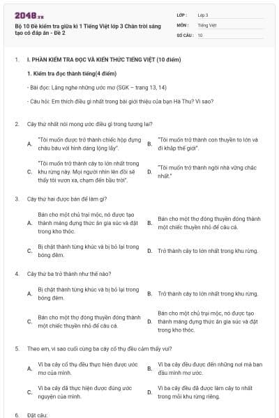 Bộ 10 Đề kiểm tra giữa kì 1 Tiếng Việt lớp 3 Chân trời sáng tạo có đáp án - Đề 2