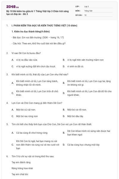 Bộ 10 Đề kiểm tra giữa kì 1 Tiếng Việt lớp 3 Chân trời sáng tạo có đáp án - Đề 3