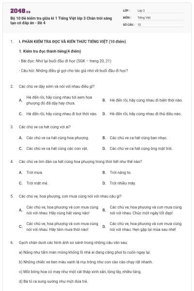 Bộ 10 Đề kiểm tra giữa kì 1 Tiếng Việt lớp 3 Chân trời sáng tạo có đáp án - Đề 4