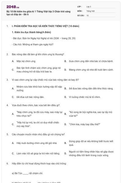 Bộ 10 Đề kiểm tra giữa kì 1 Tiếng Việt lớp 3 Chân trời sáng tạo có đáp án - Đề 6