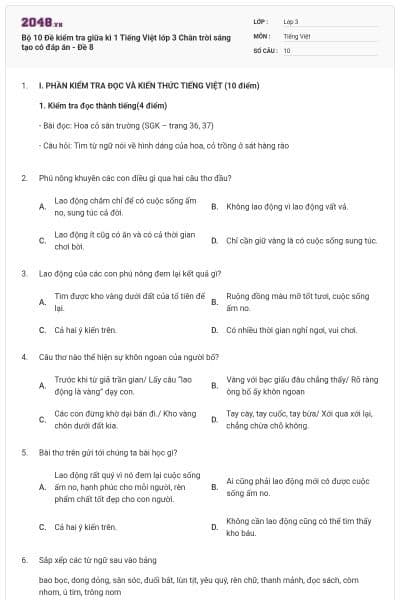 Bộ 10 Đề kiểm tra giữa kì 1 Tiếng Việt lớp 3 Chân trời sáng tạo có đáp án - Đề 8