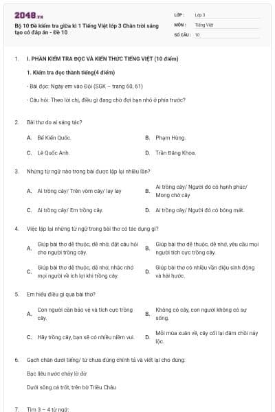 Bộ 10 Đề kiểm tra giữa kì 1 Tiếng Việt lớp 3 Chân trời sáng tạo có đáp án - Đề 10