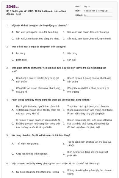 Bộ 5 đề thi giữa kì 1 KTPL 10 Cánh diều cấu trúc mới có đáp án - Đề 3