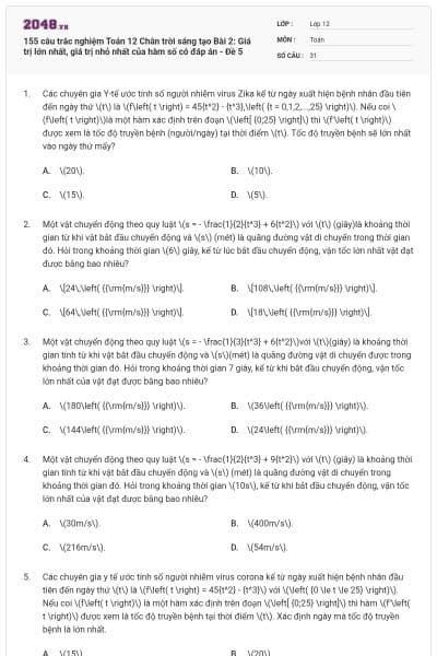 155 câu trắc nghiệm Toán 12 Chân trời sáng tạo Bài 2: Giá trị lớn nhất, giá trị nhỏ nhất của hàm số có đáp án - Đề 5