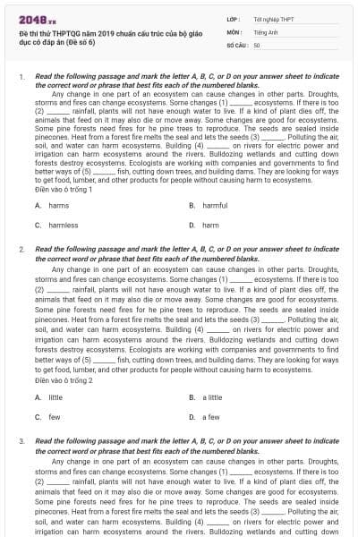 Đề thi thử THPTQG năm 2019 chuẩn cấu trúc của bộ giáo dục có đáp án (Đề số 6)