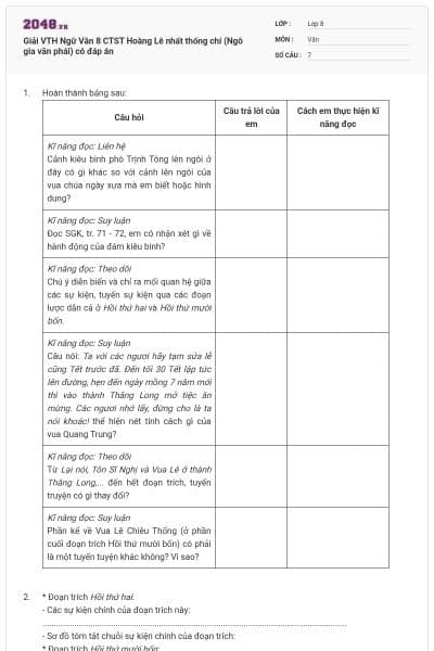 Giải VTH Ngữ Văn 8 CTST Hoàng Lê nhất thống chí (Ngô gia văn phái) có đáp án