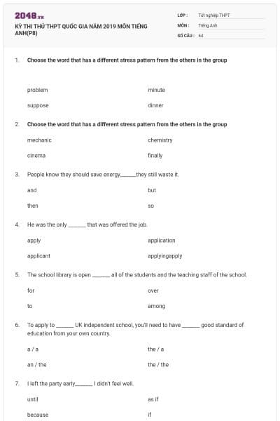 KỲ THI THỬ THPT QUỐC GIA NĂM 2019 MÔN TIẾNG ANH(P8)