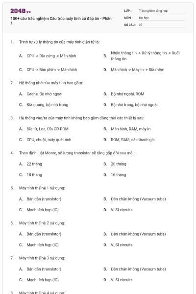 100+ câu trắc nghiệm Cấu trúc máy tính có đáp án - Phần 1