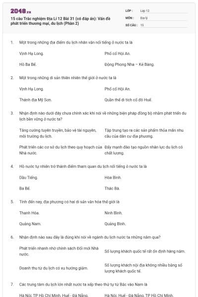 15 câu Trắc nghiệm Địa Lí 12 Bài 31 (có đáp án): Vấn đề phát triển thương mại, du lịch (Phần 2)