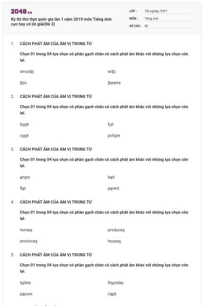 Kỳ thi thử thpt quốc gia lần 1 năm 2019 môn Tiếng Anh cực hay có lời giải(Đề 3)