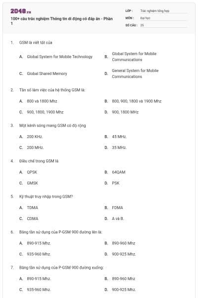100+ câu trắc nghiệm Thông tin di động có đáp án - Phần 1