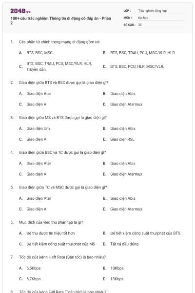 100+ câu trắc nghiệm Thông tin di động có đáp án - Phần 2