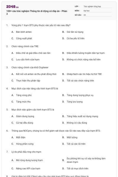 100+ câu trắc nghiệm Thông tin di động có đáp án - Phần 3