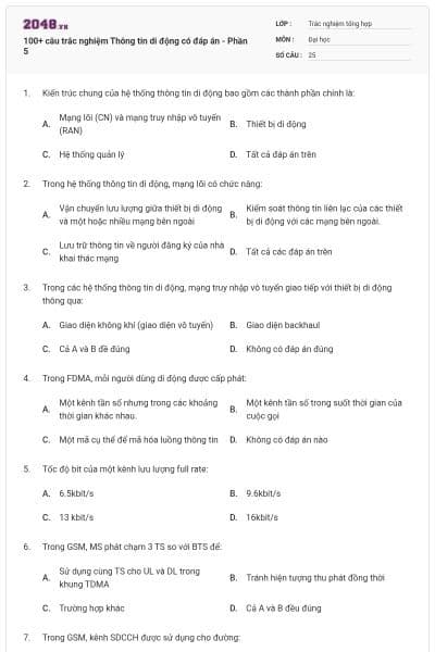 100+ câu trắc nghiệm Thông tin di động có đáp án - Phần 5