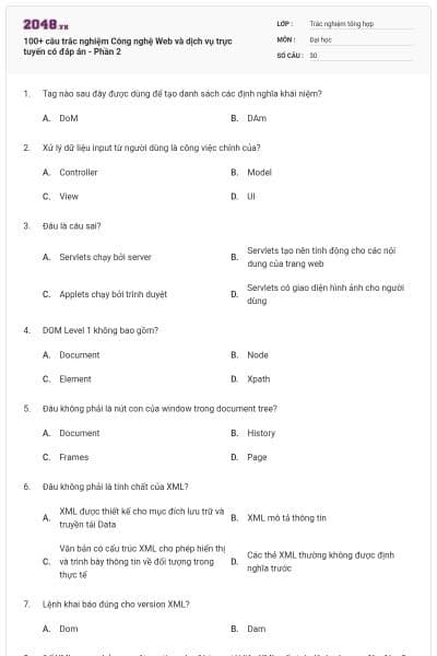 100+ câu trắc nghiệm Công nghệ Web và dịch vụ trực tuyến có đáp án - Phần 2