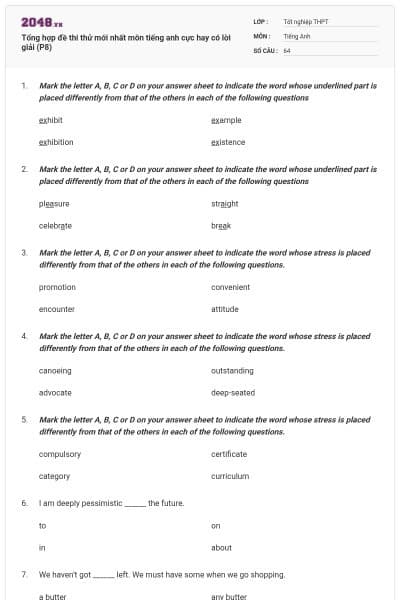 Tổng hợp đề thi thử mới nhất môn tiếng anh cực hay có lời giải (P8)