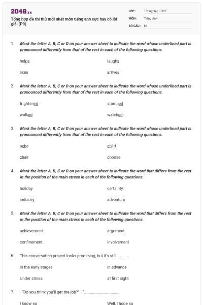 Tổng hợp đề thi thử mới nhất môn tiếng anh cực hay có lời giải (P9)