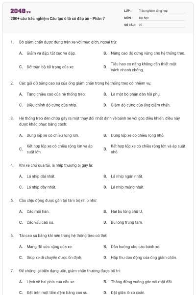 200+ câu trắc nghiệm Cấu tạo ô tô có đáp án - Phần 7