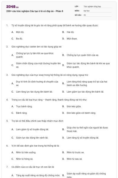 200+ câu trắc nghiệm Cấu tạo ô tô có đáp án - Phần 8